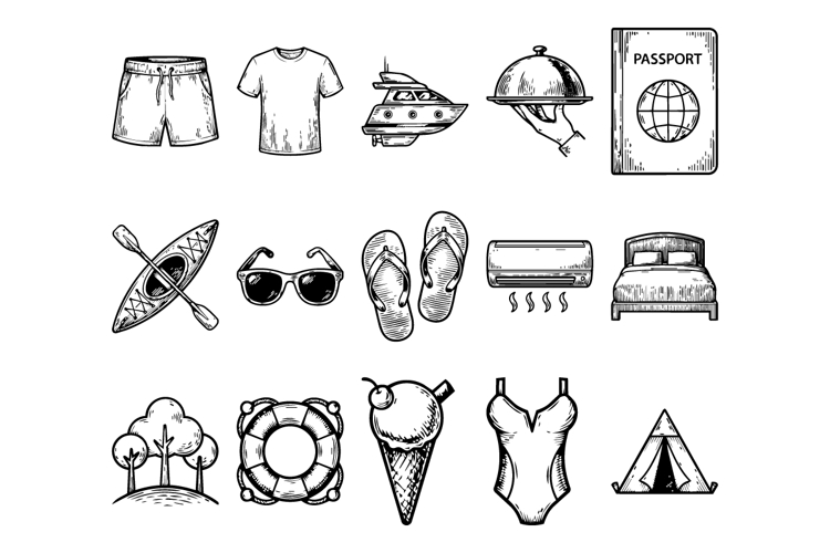15 Icon Pack Bundle Summer Travel Engraving Style