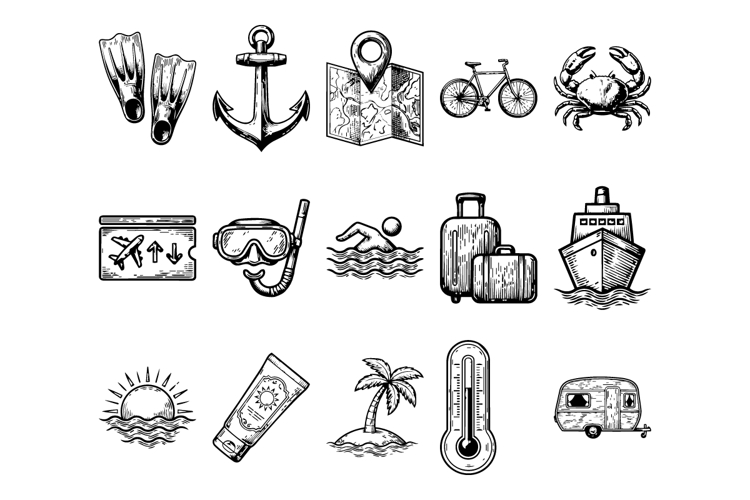 15 Icon Pack Bundle Summer Travel Engraving Style