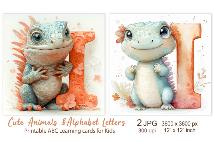 Cute Iguana, Baby Animal Alphabet Letters ABC Printable card