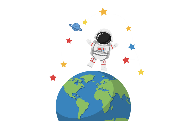 Astronaut character jumping on Earth with colorful stars fla