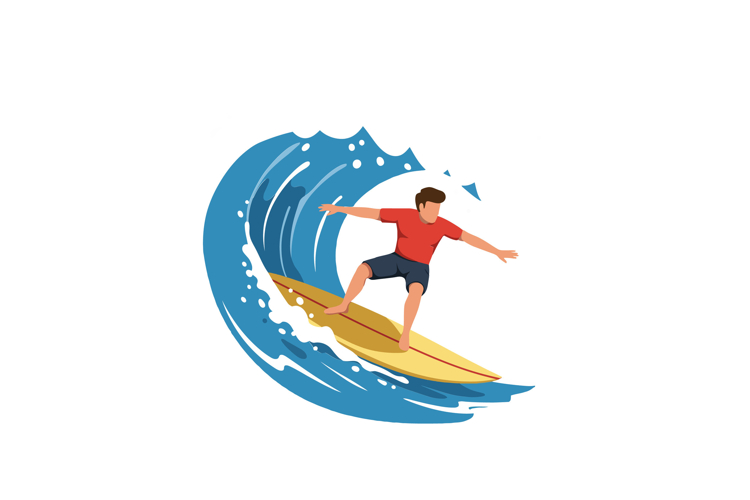 Surfer riding a wave in flat style vector art illustration