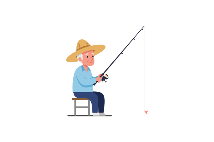 Fisherman in straw hat enjoying peaceful fishing moment flat