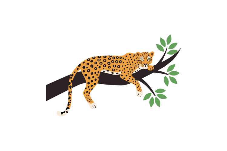 Leopard resting on branch with green leaves in flat style ve