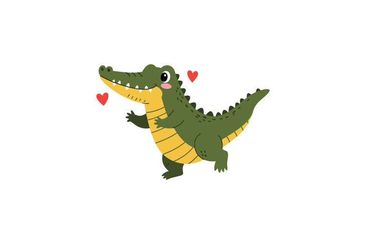 Cute cartoon crocodile character in flat design style showca