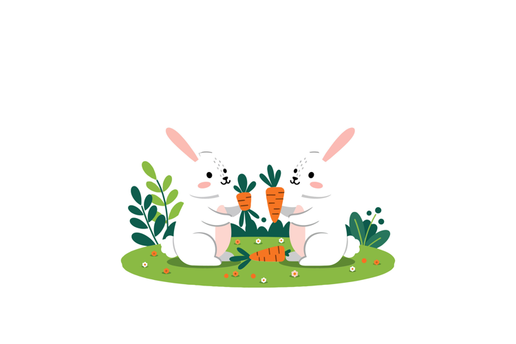 Cute rabbits holding carrots in a playful scene with flat de
