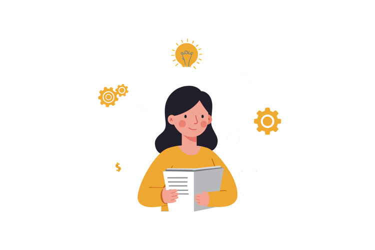 Woman holding documents with gears and lightbulb in flat min