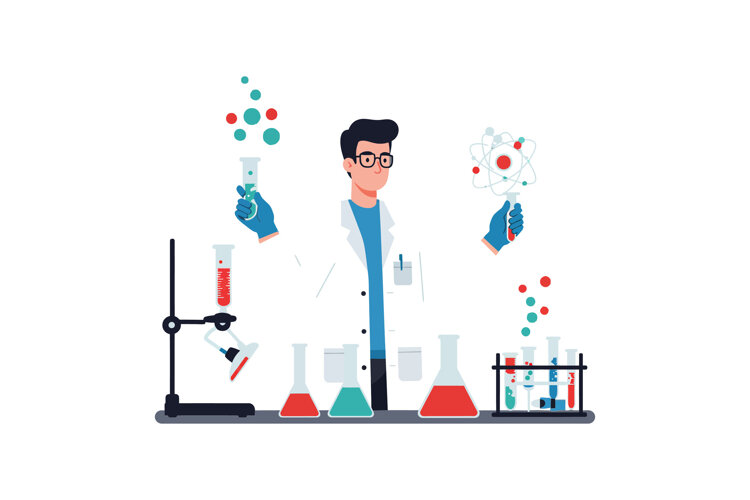 Scientist conducting experiments with colorful liquids and a example image 1