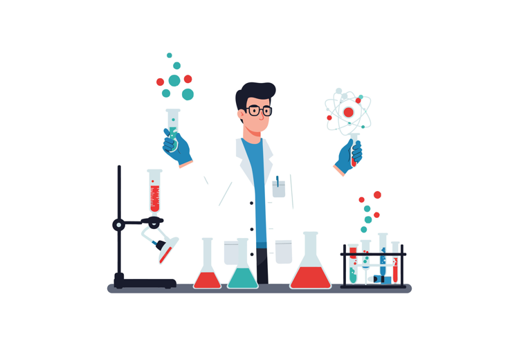 Scientist conducting experiments with colorful liquids and a