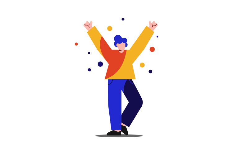 Person celebrating joyfully in flat design style with colorf