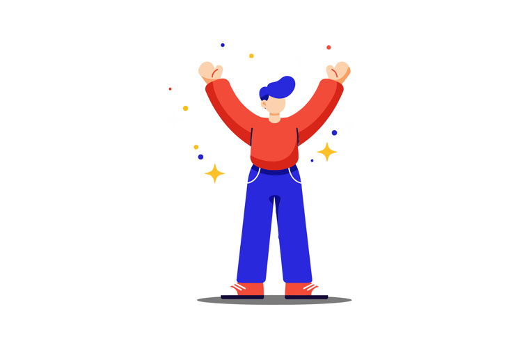 Cheerful character celebrating with raised arms in a flat de