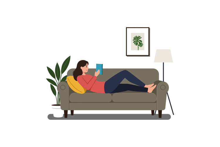 Cozy woman reading on a sofa in a flat design style vector i
