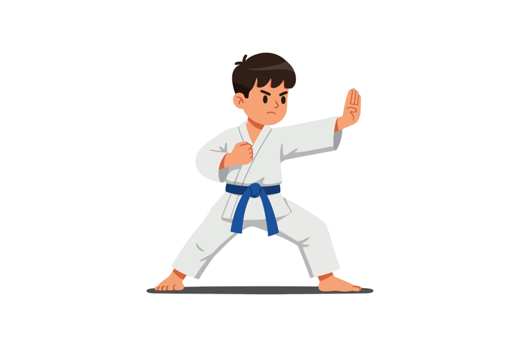 Young martial artist in action pose, flat design showcasing