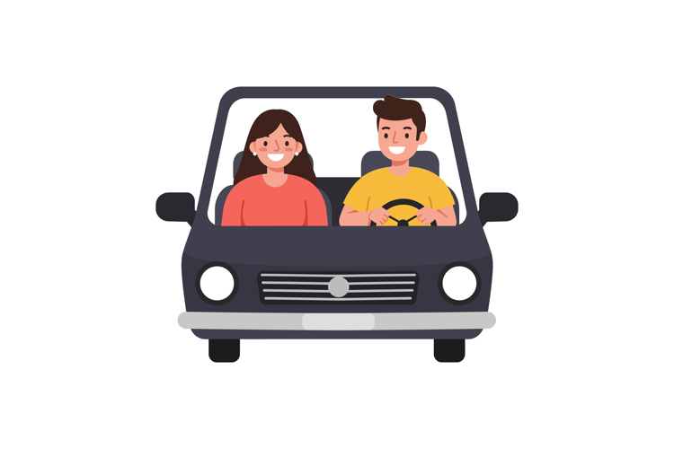 Two smiling individuals in a car with a flat design style in