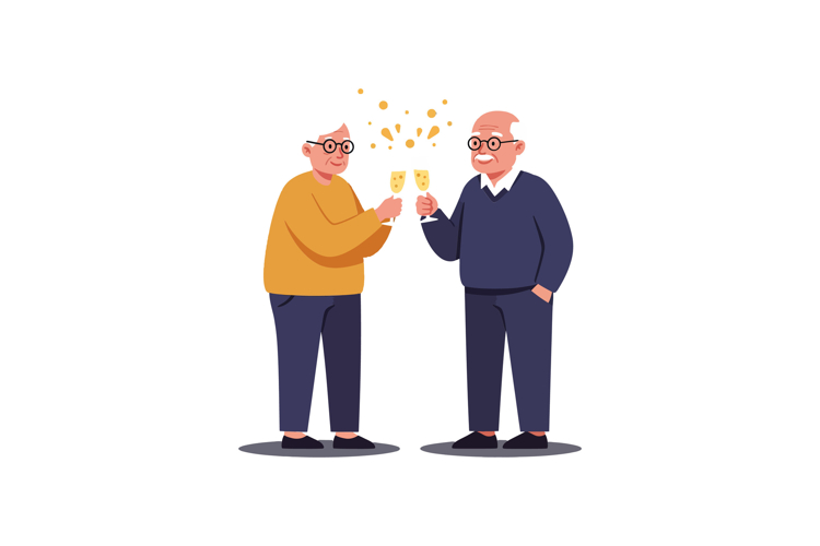 Two elderly men celebrating with drinks in a cheerful atmosp