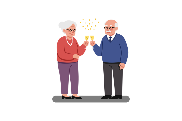 Happy elderly couple celebrating with glasses in a flat, min