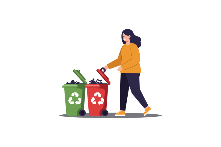 Woman sorting waste between recycling bins in flat, colorful