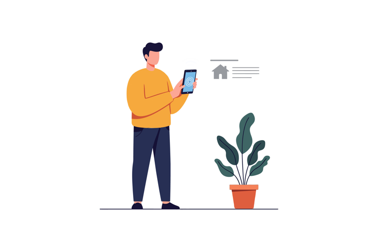 Person using a mobile device while standing next to a potted