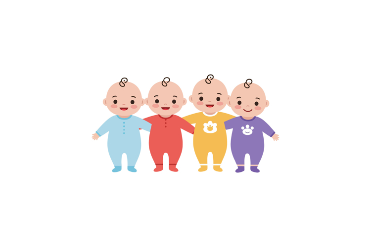 Cute smiling babies in colorful outfits displayed in flat an