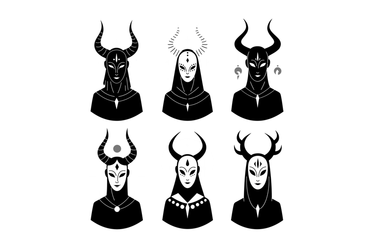 Dark horned figures transitioning from bold to intricate det