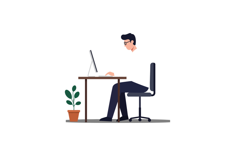 Person working at a desk with a computer in a minimal flat v