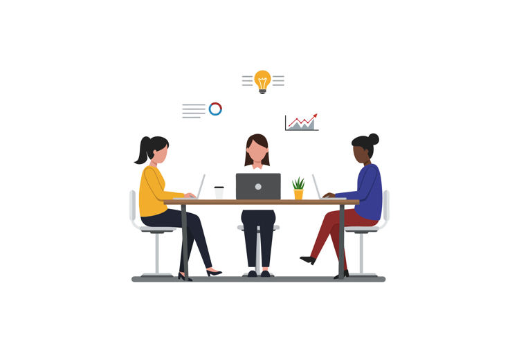 Three professionals collaborating at a table in a modern off