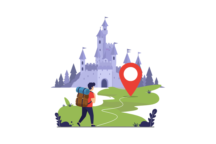 Adventurer walking towards a castle with a location marker i