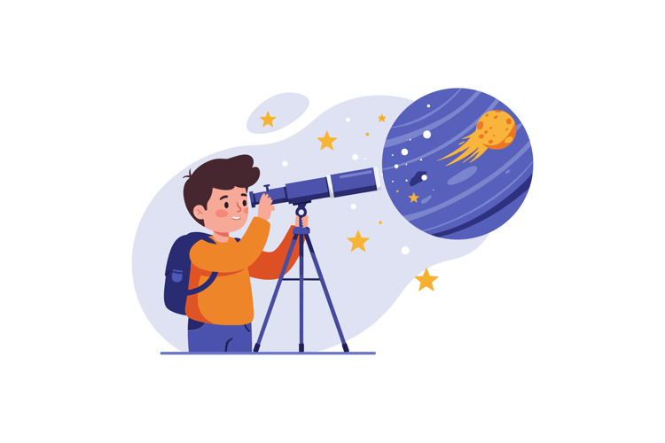 Young boy observing the stars through a telescope in a flat