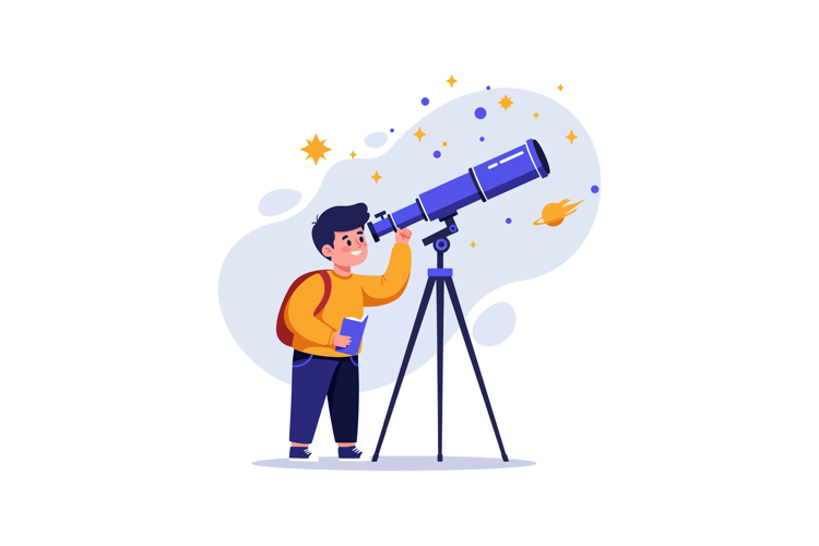 Child observing stars through telescope in a colorful, flat