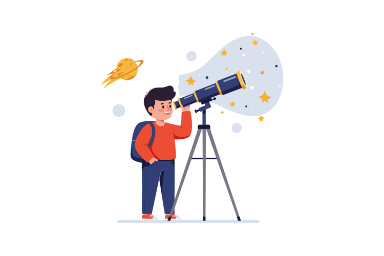 Boy observing stars through telescope in colorful flat vecto