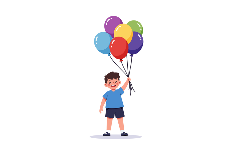Boy holding colorful balloons in a cheerful pose, flat desig