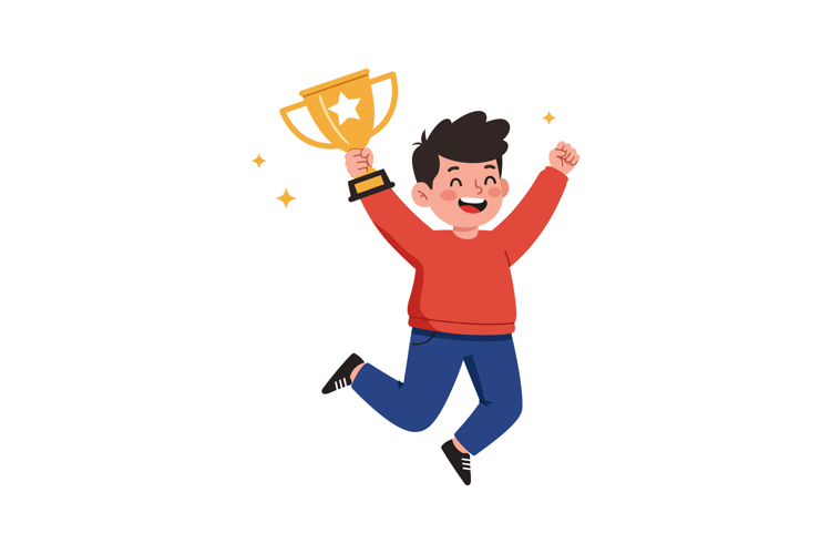 Happy child celebrating victory with trophy in flat design s