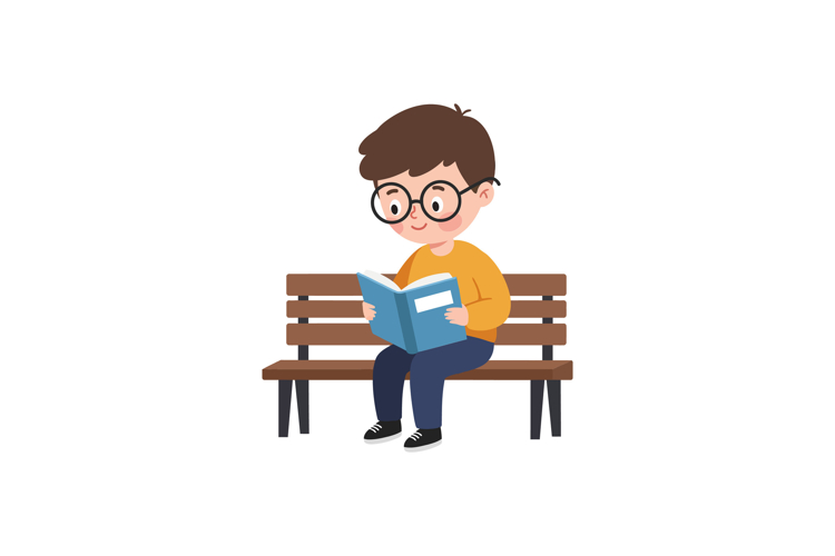 Young boy reading a book while sitting on a bench in flat ve