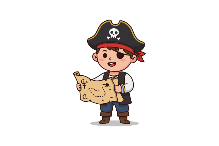 Pirate boy holding treasure map in playful flat design vecto