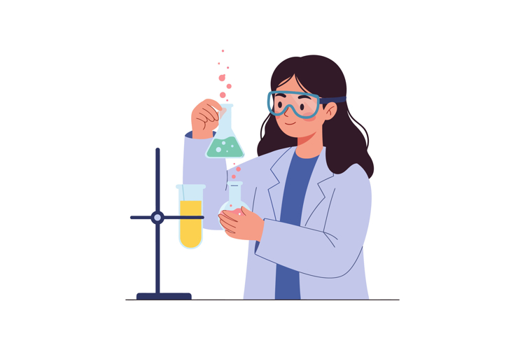 Scientist conducting experiments with colorful liquids in la