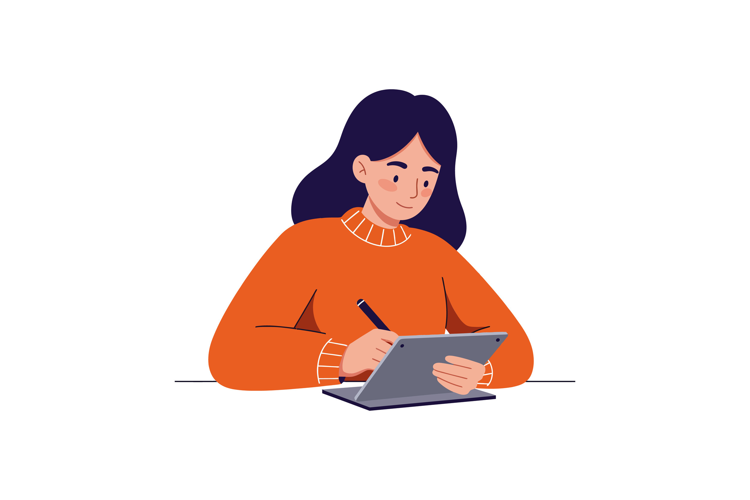 Young woman focused on digital drawing in minimal style with