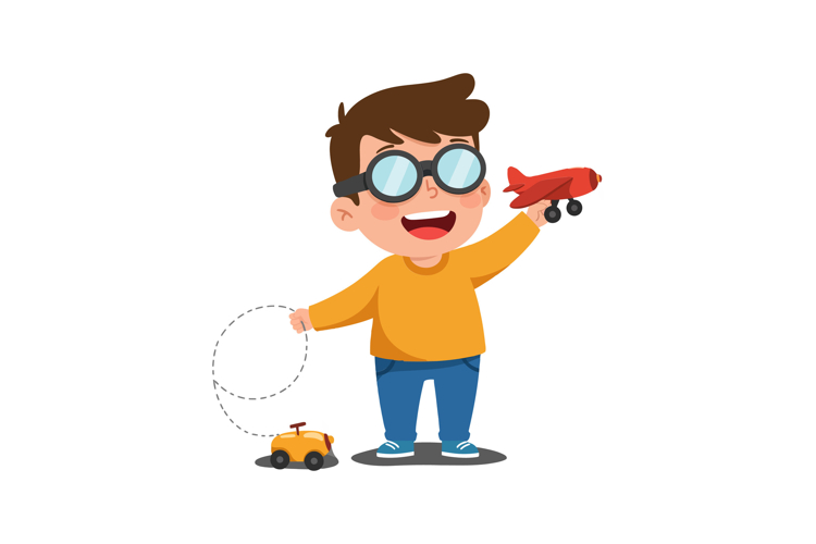 Happy child playing with a toy airplane and car in a flat ve
