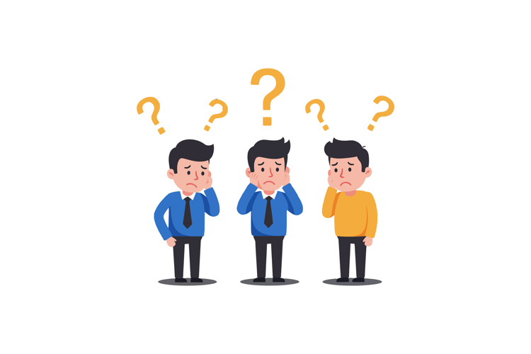 Three male characters expressing confusion in a colorful fla