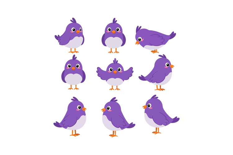Colorful cartoon birds in various poses featuring flat desig