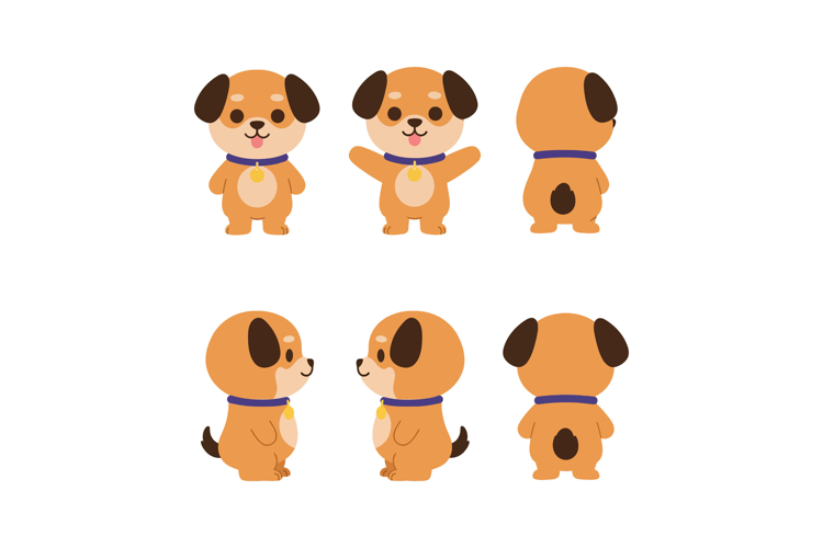 Cute dog character design in flat style showcasing various p