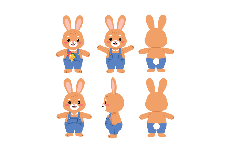 Adorable bunny character in multiple poses with a flat desig