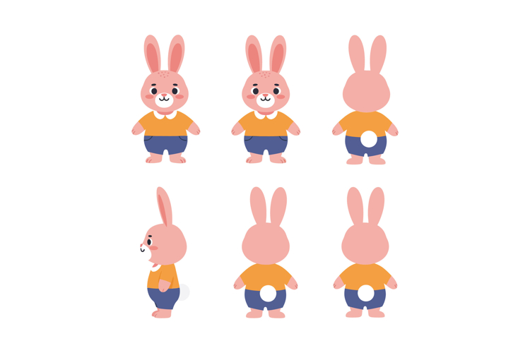 Cute rabbit character design in flat style showcasing variou