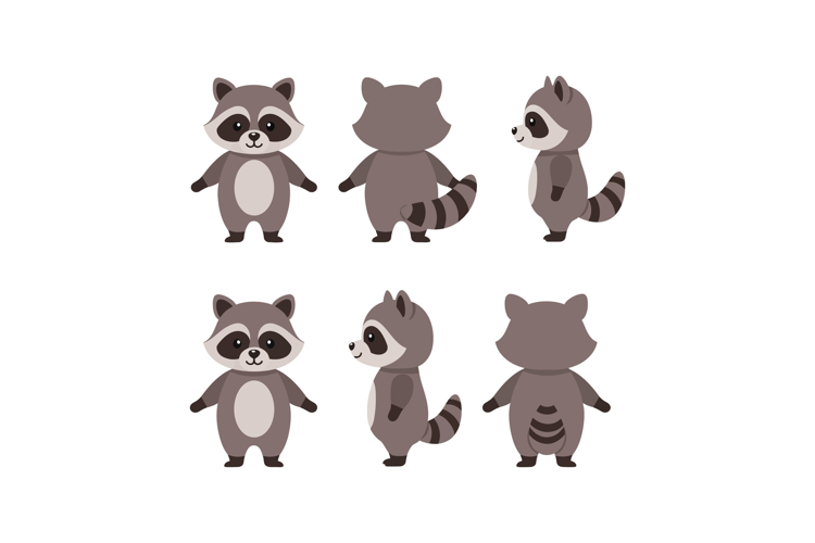 Cute raccoon character in multiple poses showcasing flat des