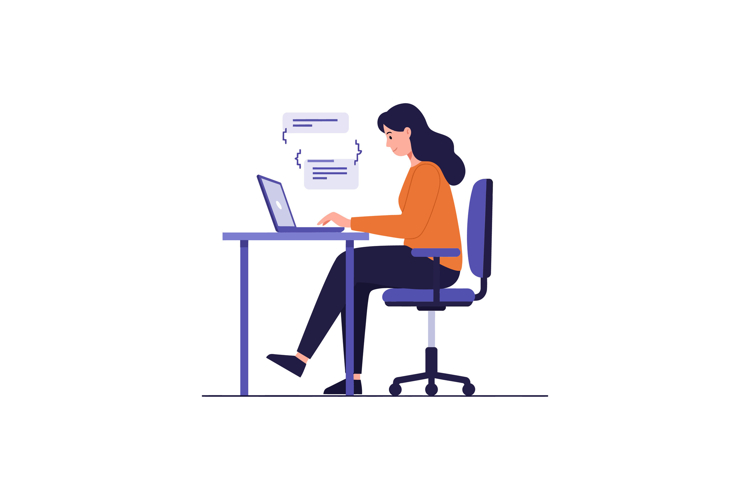 Woman working on laptop at desk in flat design style with ch