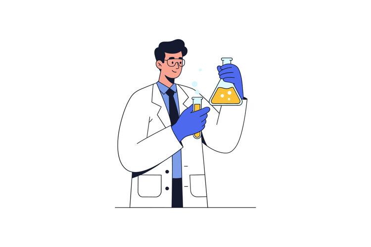 Scientist conducting experiments with flasks in a flat, colo example image 1
