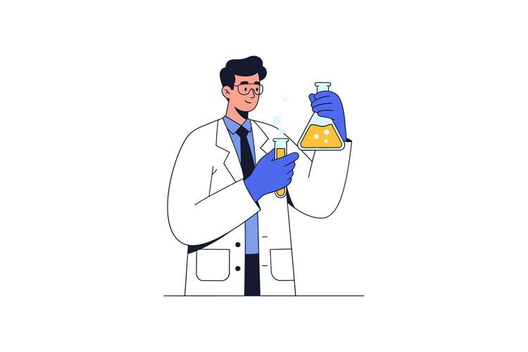 Scientist conducting experiments with flasks in a flat, colo