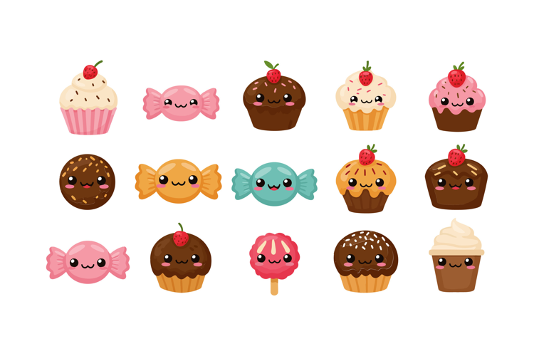 Cute and colorful dessert characters in flat design style fo