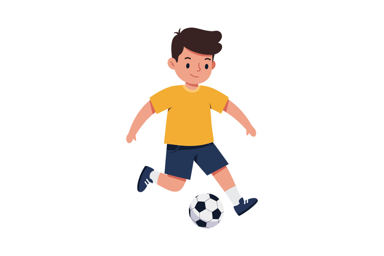 Young boy kicking a soccer ball in a playful manner, flat de