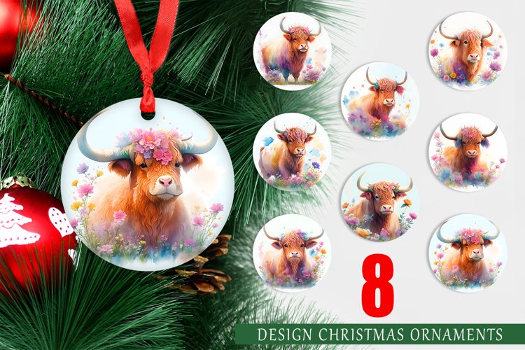 Illustration Highland Cow Christmas Ornaments