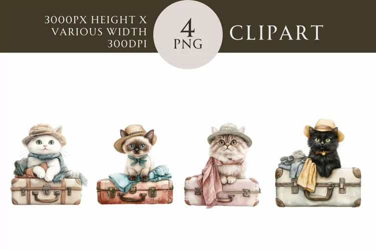 Travelling Cats Clipart with Vintage Suitcases