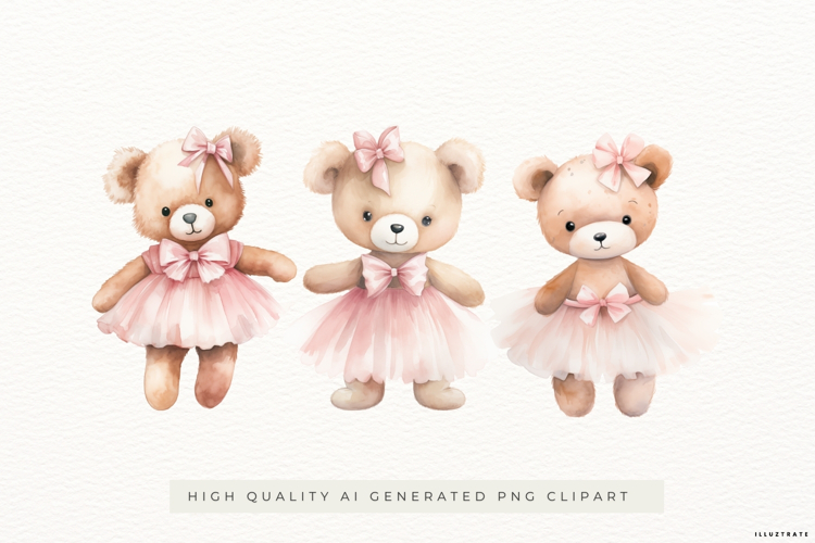 Cute Teddy Bear Ballerina Illustrations 3 PNGs